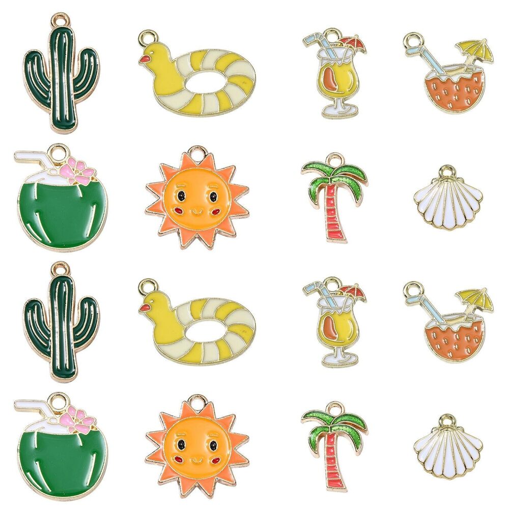 9021 40 pcs 8 Styles Beach Theme Alloy Enamel Charms Sun Coconut Drink